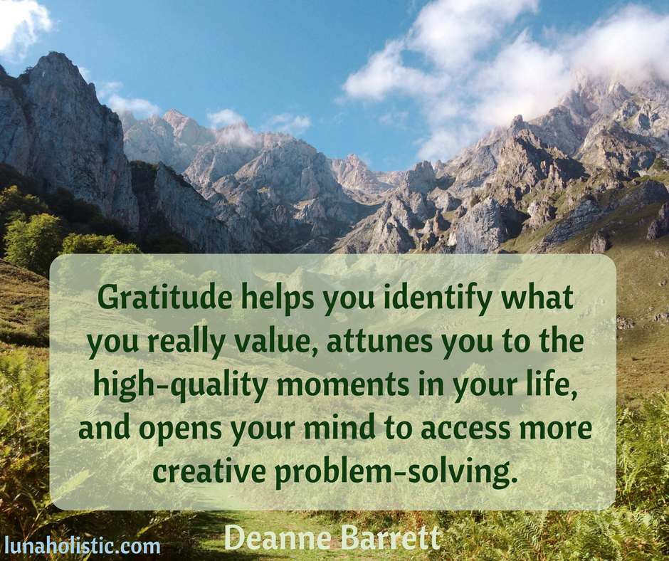 Gratituse helps you identifyl what you really value, attunes you to the high quality moments in your life, and opens your mind to access more creative problem solving - Deanne Barrett